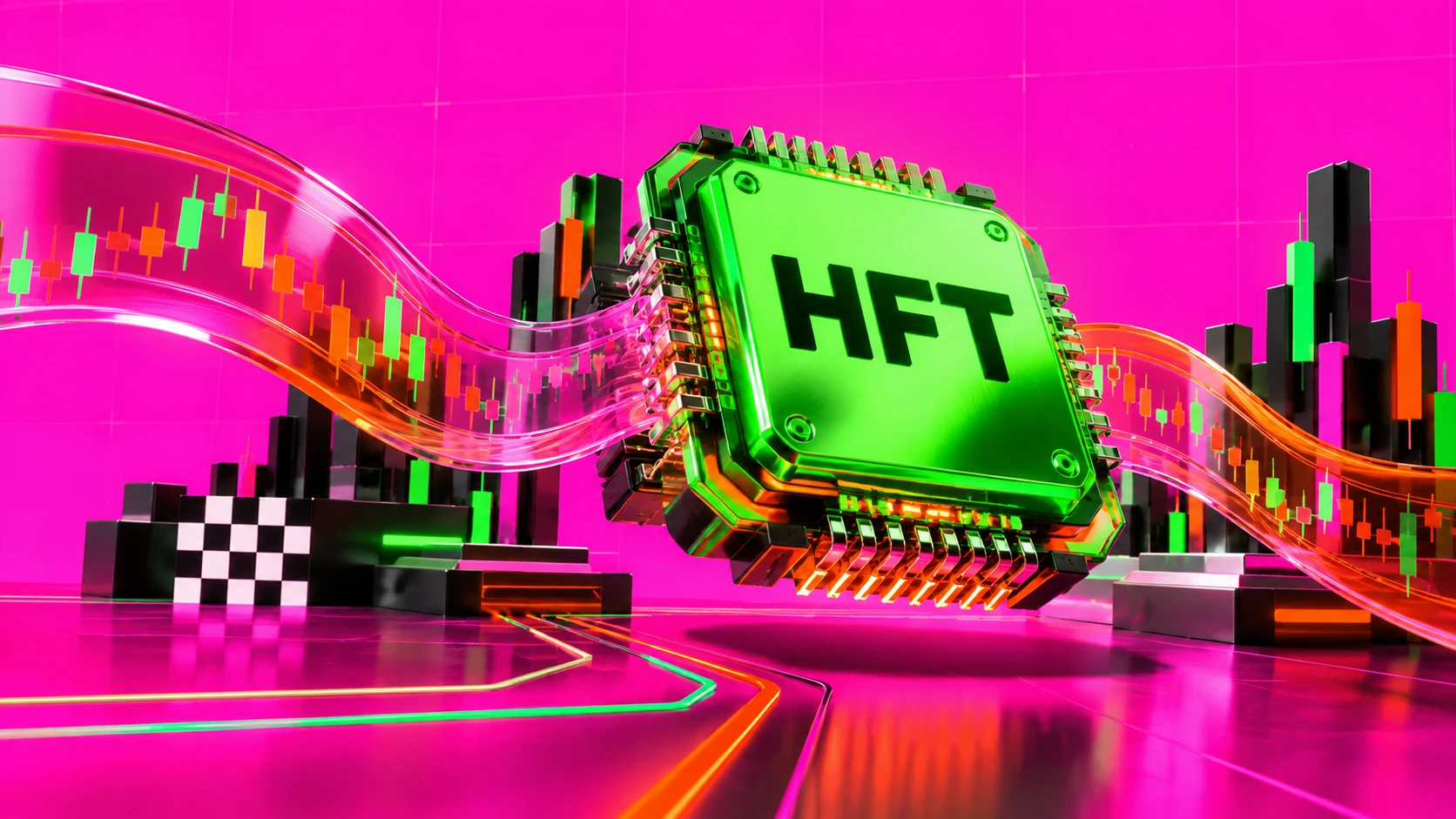 Neon-green HFT processor surrounded by pink and orange market-data ribbons on a magenta circuit grid.